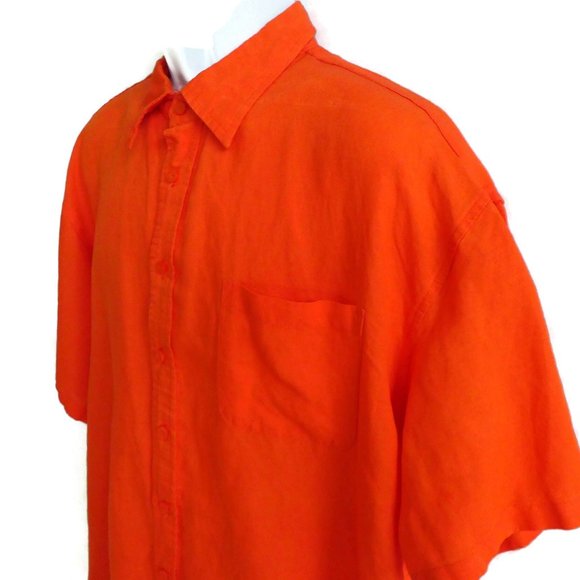 Linen Blend Shirt Neon Orange Button Up Short Sleeve XXL Mens Side Vents Pocket - Picture 1 of 7